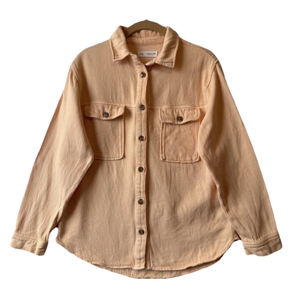 Zara Pastel Peach Woven Long Sleeve Button Up Shacket Youth 13/14 Boho Layering